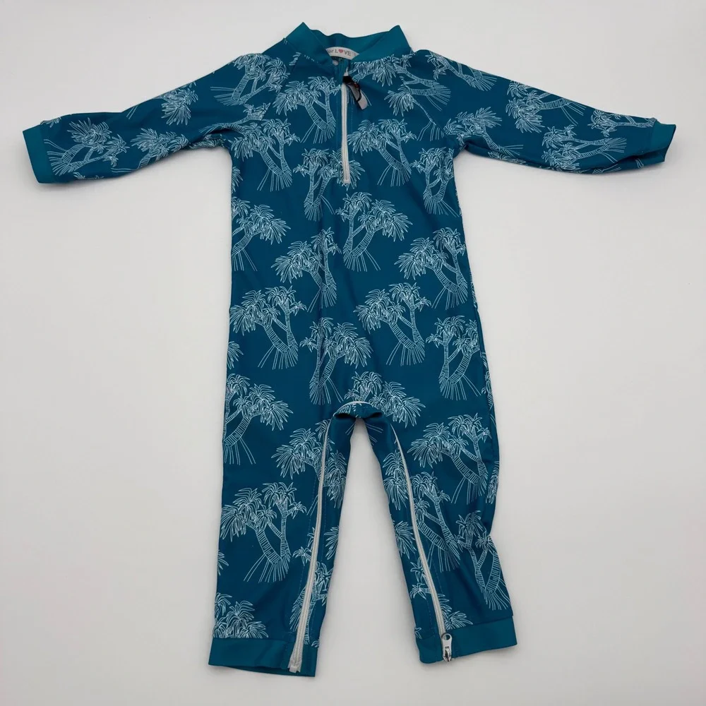 For Love 12-18mth Kids Palm Tree Rash Guard Swimsuit Teal Zip One Piece